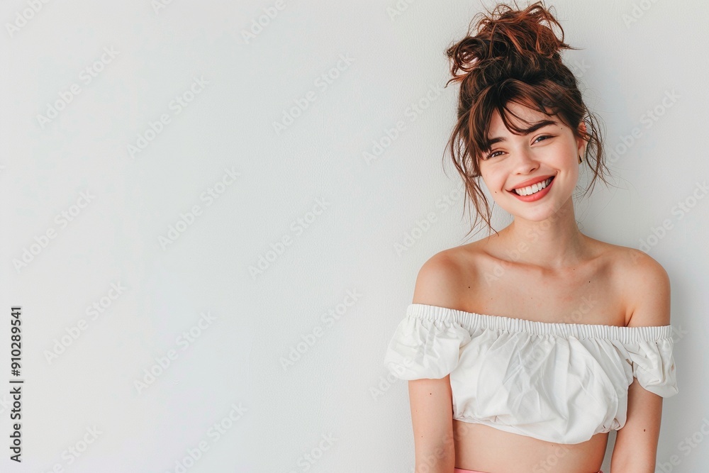 A confident, tattooed influencer in her 20s with a fashionable hairstyle and outfit, smiling against a clean white background A confident, tattooed influencer in her 20s with a fashionable hairstyle and outfit, smiling against a clean white background