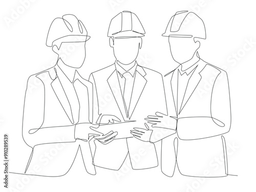 One continuous line drawing of young construction coordinator discussing construction design plan to team member, Single line draw design graphic illustration.
