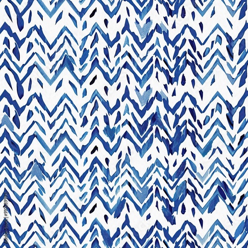 Summery ikat zig zag pattern in painterly brushstroke digital design. Modern coastal living printed chevron textile decor in seamless all over template.  photo