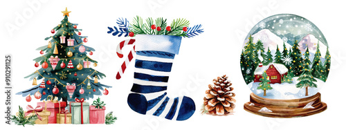 A charming collection of watercolor illustrations capturing the essence of Christmas, featuring a decorated tree, stocking, snow globe, and pine cone.
 Festive Christmas Scene Watercolor Illustrations