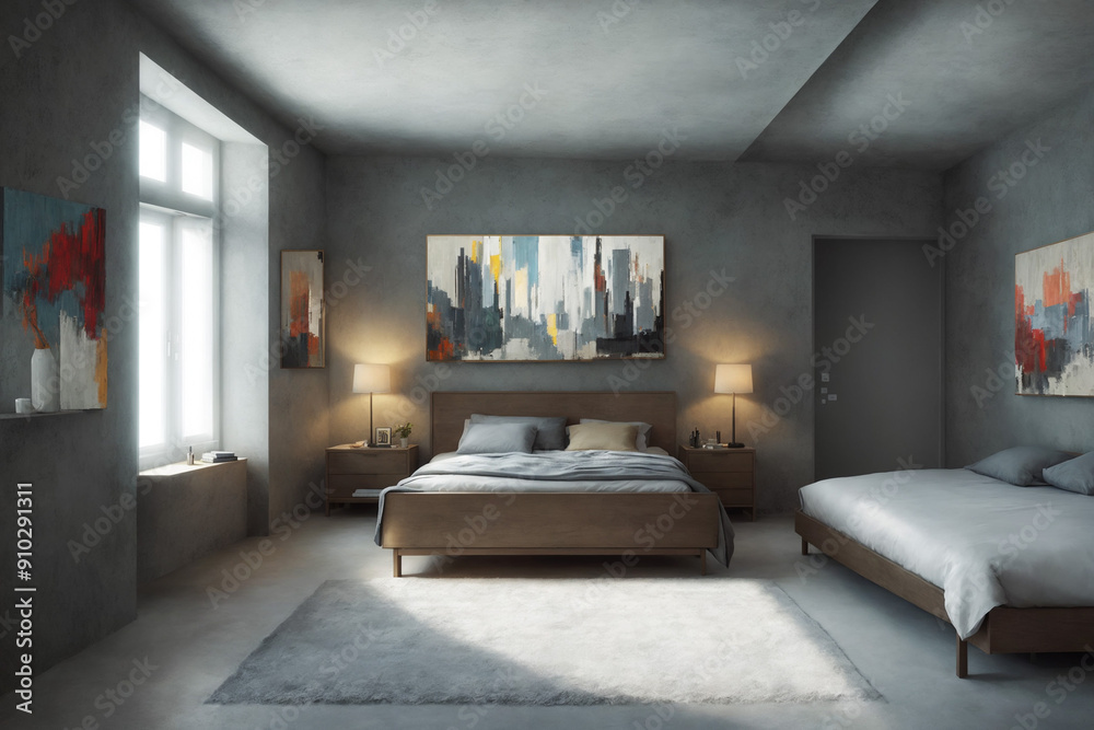 Modern bedroom with concrete floors and gray and blue color palette Modern bedroom with concrete floors and gray and blue color palette