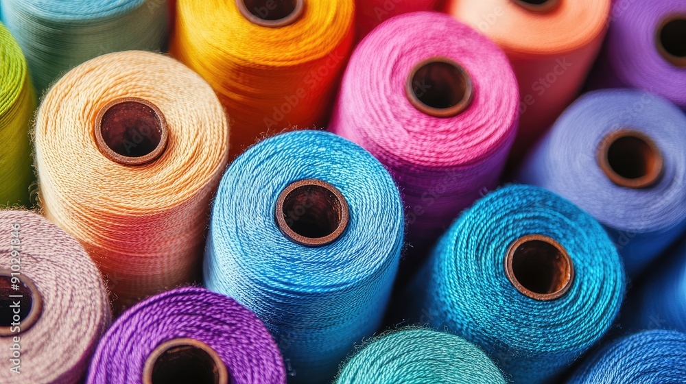 Close-up view of colorful spools of thread, showcasing their vibrant and diverse hues. Close-up view of colorful spools of thread, showcasing their vibrant and diverse hues.