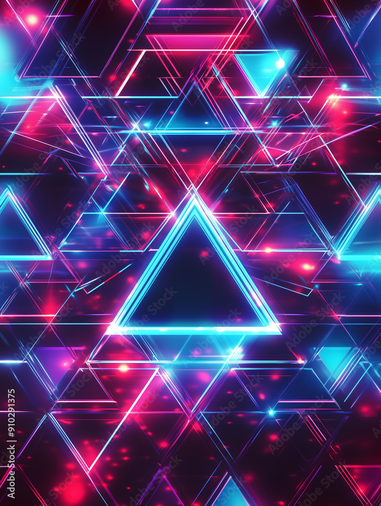 A vibrant and electrifying 3D retro geometry night party background, featuring neon-lit triangles and geometric patterns. The dynamic interplay of bright blue and pink neon lights futuristic. AI A vibrant and electrifying 3D retro geometry night party background, featuring neon-lit triangles and geometric patterns. The dynamic interplay of bright blue and pink neon lights futuristic. AI