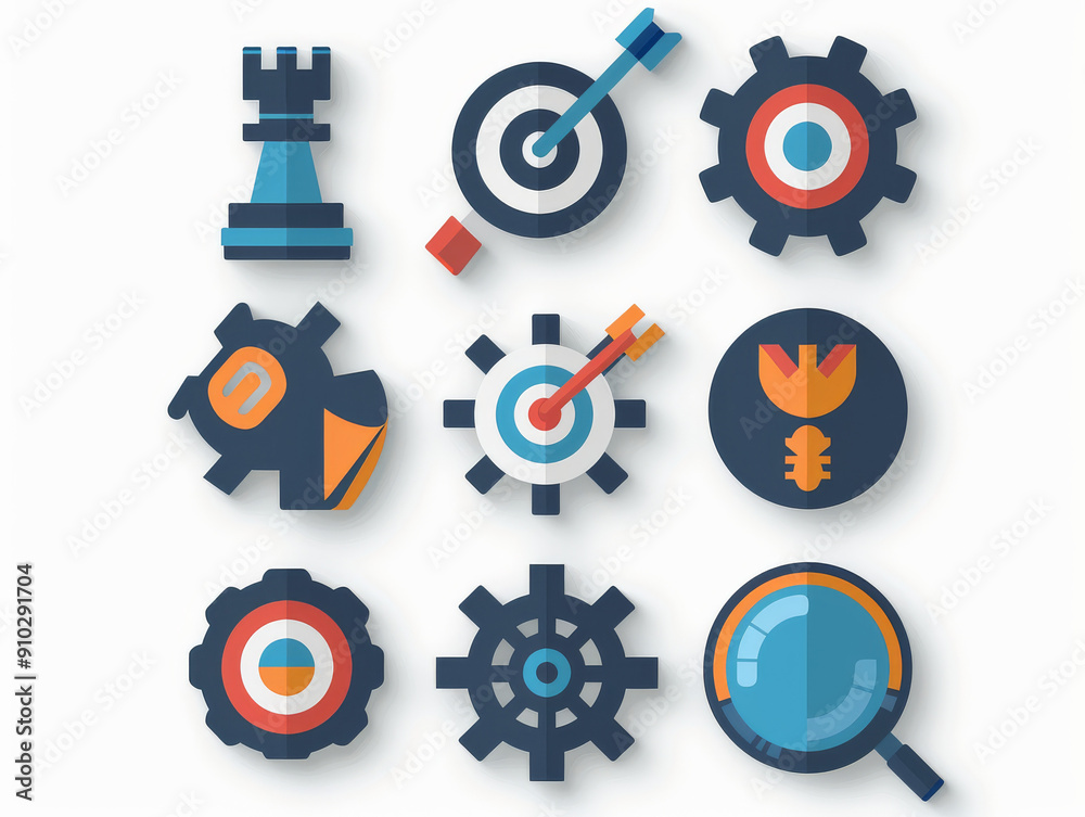 business strategy symbols like a target, chess piece, gears, arrow, and magnifying glass business strategy symbols like a target, chess piece, gears, arrow, and magnifying glass