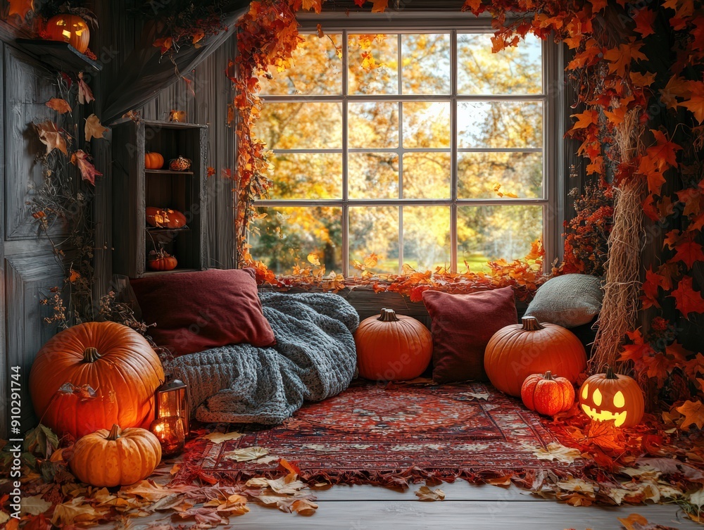 Obraz premium Cozy Autumn Window Nook with Pumpkins and Fall Leaves, Perfect for Seasonal Decor and Halloween Atmosphere