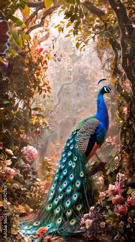 Obraz premium Elegant peacock in a beautiful enchanted forest with vibrant flowers, capturing mystical beauty. AI-generated nature scene suitable 
