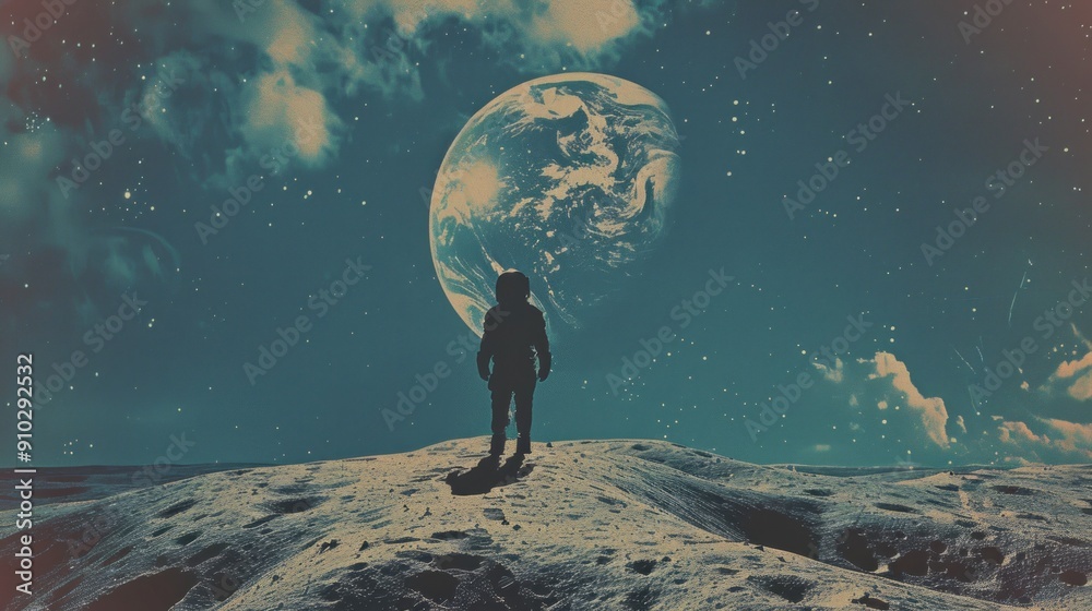 Astronaut gazing at earth from the moon. A solitary space traveler stands on the lunar surface, gazing back at their home planet, Earth, a celestial sphere hanging in the vast, starry expanse.