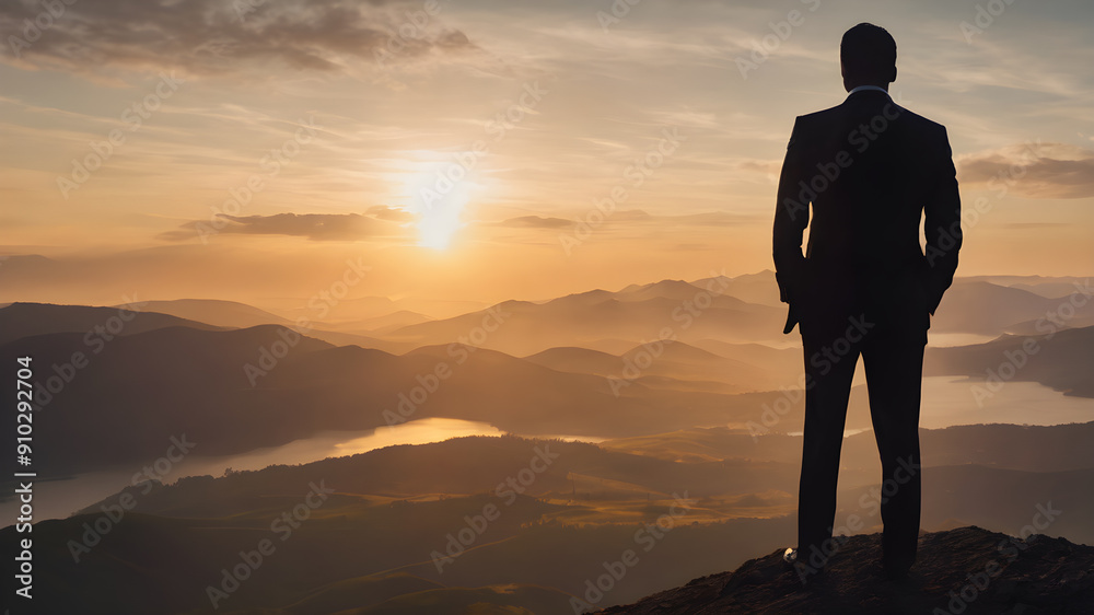 Silhouette of a successful businessman, a man in a suit, standing on top of a mountain and looking at the sunrise. Generative AI Silhouette of a successful businessman, a man in a suit, standing on top of a mountain and looking at the sunrise. Generative AI