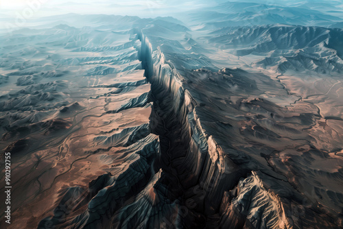 Aerial view of a massive tectonic fault, with jagged rocks and deep crevices.