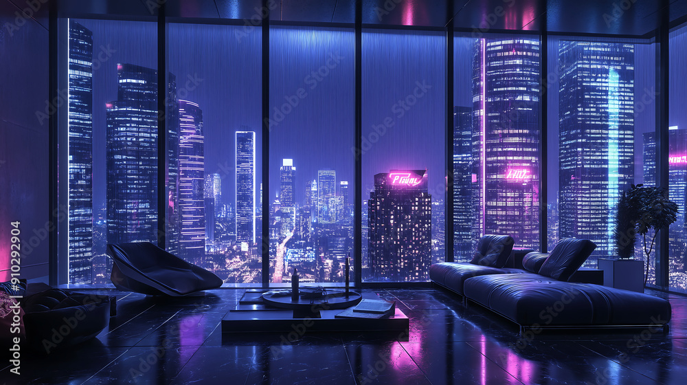 Futuristic Apartment Interior Overlooking Modern Cityscape at Night