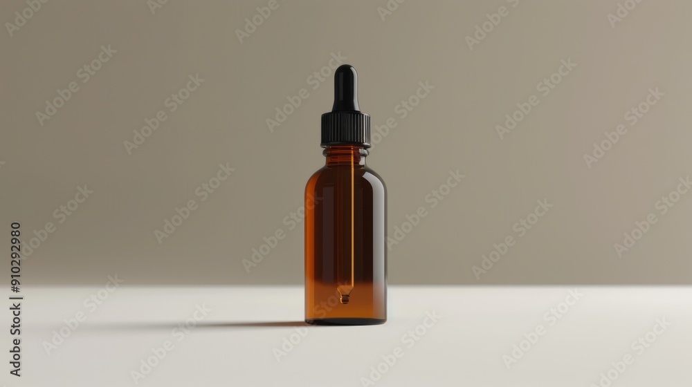 Amber glass dropper bottle with black lid. A minimalist image of a clear amber glass bottle with a dropper and a black lid. The bottle is standing on a white surface against a light beige background. Amber glass dropper bottle with black lid. A minimalist image of a clear amber glass bottle with a dropper and a black lid. The bottle is standing on a white surface against a light beige background.