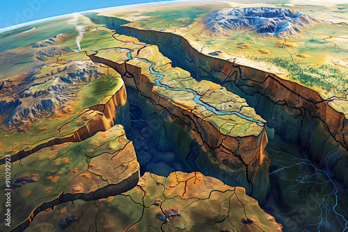 Illustration of tectonic plates shifting, with a visible fault line and earth's layers highlighted, demonstrating the process of continental drift and seismic activity.
