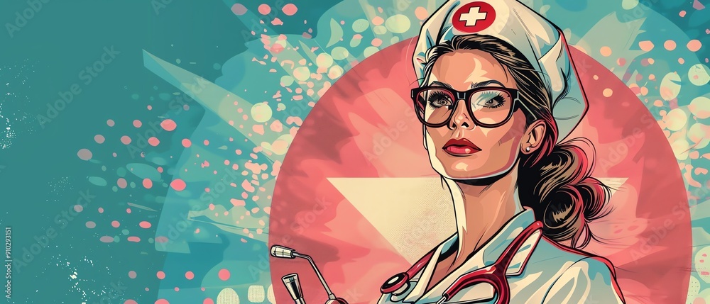 Fototapeta premium Pop art nurse with medical tools Colorful background with retro comic style healthcare elements