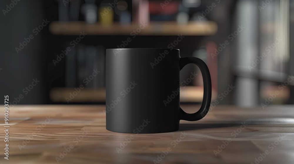Black coffee mug on wooden table. A simple black coffee cup rests on a rustic wooden table. The cup is a classic design and perfect for everyday use. Black coffee mug on wooden table. A simple black coffee cup rests on a rustic wooden table. The cup is a classic design and perfect for everyday use.