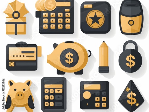 financial elements, such as a piggy bank, calculator, credit card, dollar sign photo