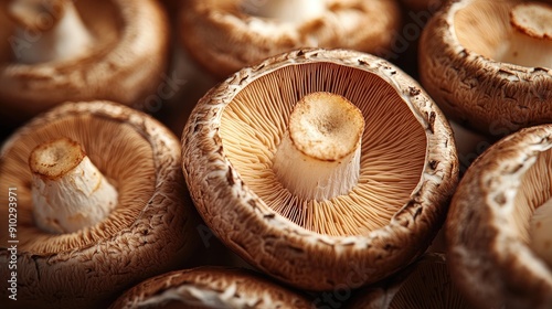 Detailed close-up of champignon mushrooms, showcasing their textures and natural beauty.