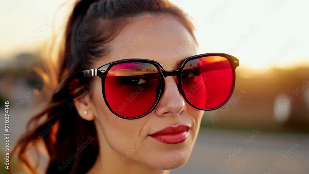 A woman savors a beautiful sunset while wearing bold red sunglasses, reflecting the warm colors of the evening sky as she walks along a serene coastal path. A woman savors a beautiful sunset while wearing bold red sunglasses, reflecting the warm colors of the evening sky as she walks along a serene coastal path.
