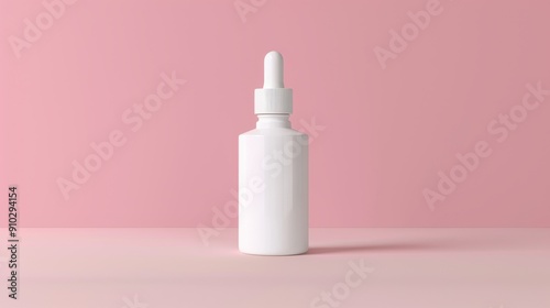 White dropper bottle on pink background. Minimalist product mockup featuring a white dropper bottle against a soft pink backdrop. This image is ideal for showcasing your beauty or skincare products.