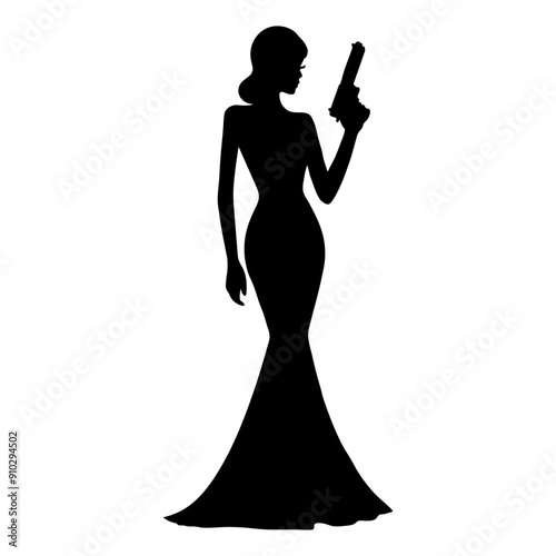 Silhouette of a woman in an evening dress with a gun