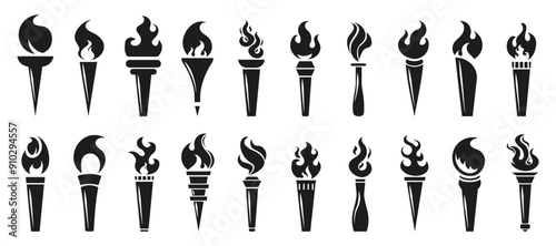 Torch flame icons. Big set of different torch fire flames in black