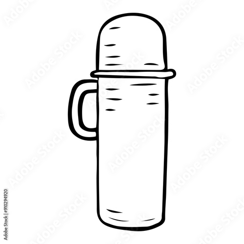 Thermos hand drawn in doodle style. A container with mug of hot drink for hike. Tourist equipment. Dishes for maintaining the temperature of liquids. Vector line art illustration.