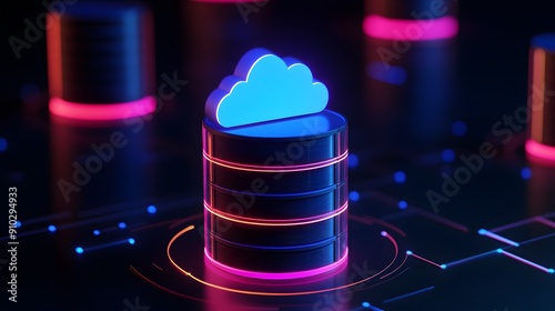 Futuristic cloud computing concept with neon lights showcasing data storage and technology innovation in digital environments. photo