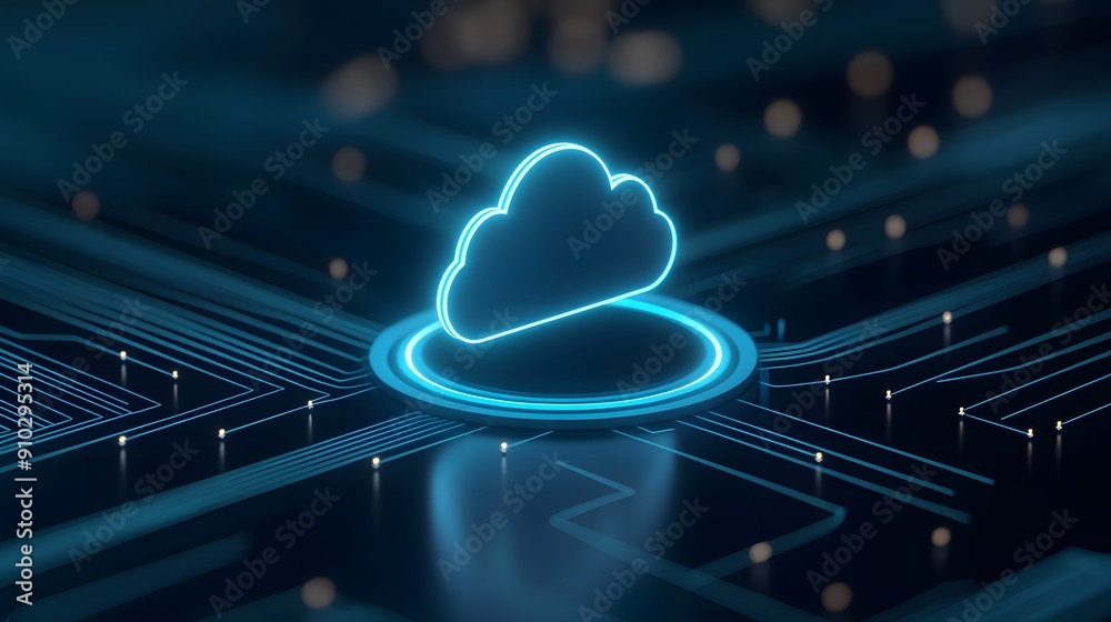 Futuristic cloud computing conceptual illustration with neon cloud icon and digital circuitry, representing modern technology and data storage. Futuristic cloud computing conceptual illustration with neon cloud icon and digital circuitry, representing modern technology and data storage.