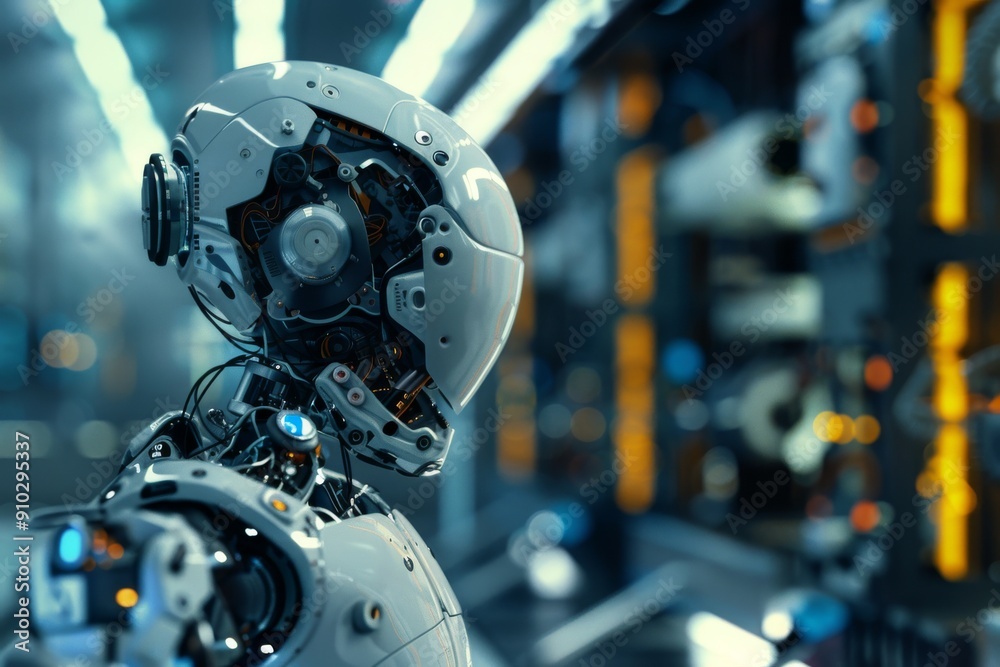 Robotics and automation processes, A futuristic robot with glowing eyes and metallic features, symbolizing the future of artificial intelligence, Ai generated