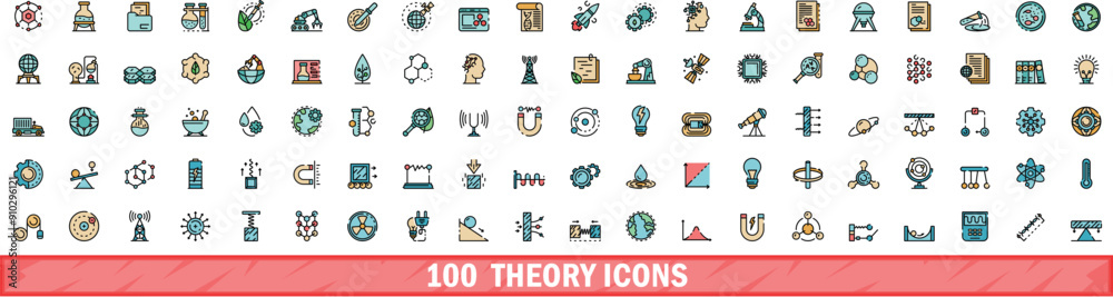 Fototapeta premium 100 theory icons set. Color line set of theory vector icons thin line color flat on white