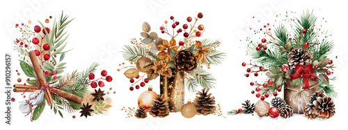 A series of beautifully detailed watercolor illustrations featuring festive holiday arrangements with pinecones, berries, and seasonal greenery. Festive Holiday Arrangements with Pinecones