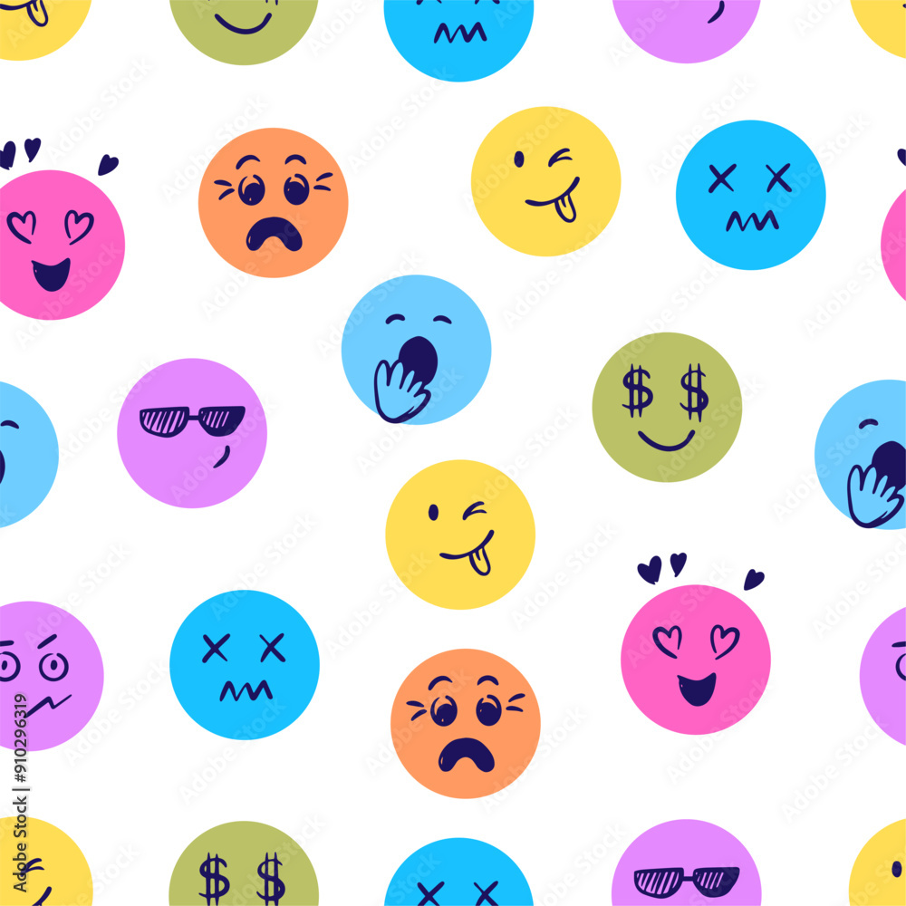 Doodle faces seamless pattern. Hand drawn emotion face, children drawing style fabric or wrapping print. Comic characters neoteric vector background Doodle faces seamless pattern. Hand drawn emotion face, children drawing style fabric or wrapping print. Comic characters neoteric vector background