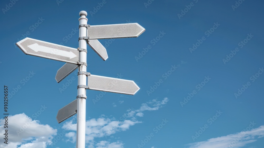worm eyes view 6 way white signpost pole with blur sky cloud worm eyes view 6 way white signpost pole with blur sky cloud