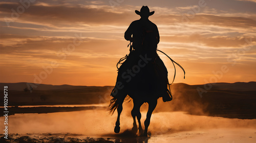 Silhouette of ranch hand, or cowboy, riding his horse in the sunset.  Generative AI
