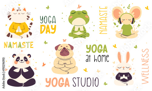 Vector collection of animals in lotus pose. Pug, panda, rabbit, mouse, cat and frog in lotus pose meditating, yoga lettering. Vector illustration