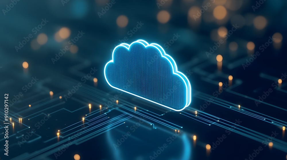 Futuristic cloud computing technology concept with blue cloud icon on circuit board. Digital data, storage, and networking illustration. Futuristic cloud computing technology concept with blue cloud icon on circuit board. Digital data, storage, and networking illustration.