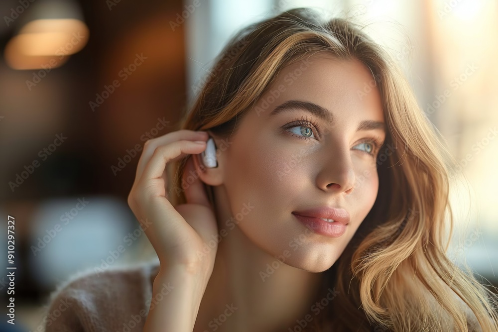 Young woman using wireless earbuds, a modern lifestyle and technology concept. Young woman using wireless earbuds, a modern lifestyle and technology concept.