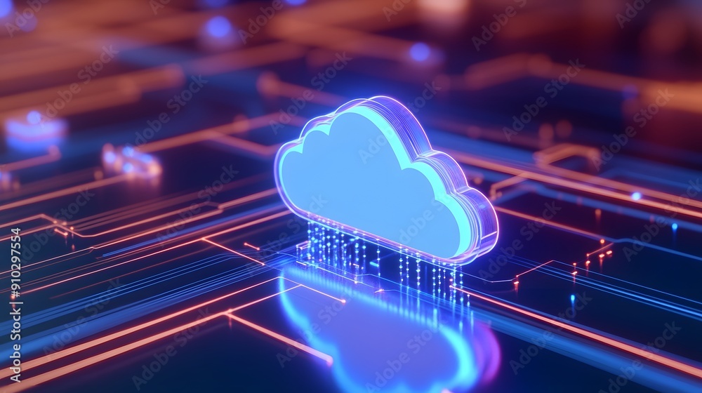 Futuristic cloud computing technology concept with digital neon cloud symbol on a blue and orange network background. Futuristic cloud computing technology concept with digital neon cloud symbol on a blue and orange network background.