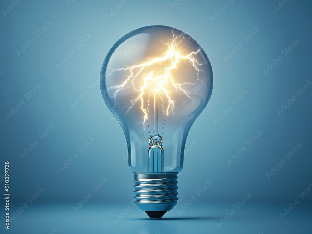 Electric energy sparks within a classic light bulb against a soft blue background Electric energy sparks within a classic light bulb against a soft blue background