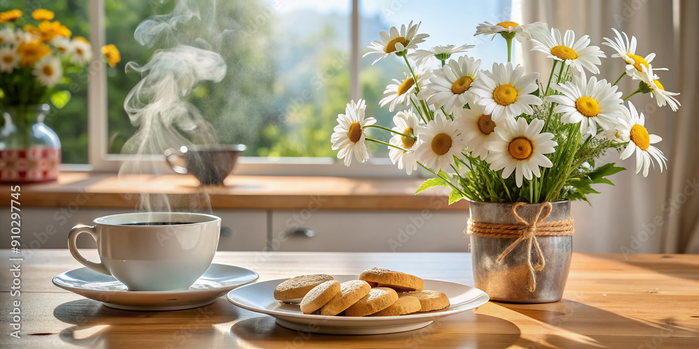 Cozy kitchen scene with a vase of fresh daisies on a round table, accompanied by a steaming cup of coffee and a plate of biscuits. Cozy kitchen scene with a vase of fresh daisies on a round table, accompanied by a steaming cup of coffee and a plate of biscuits.