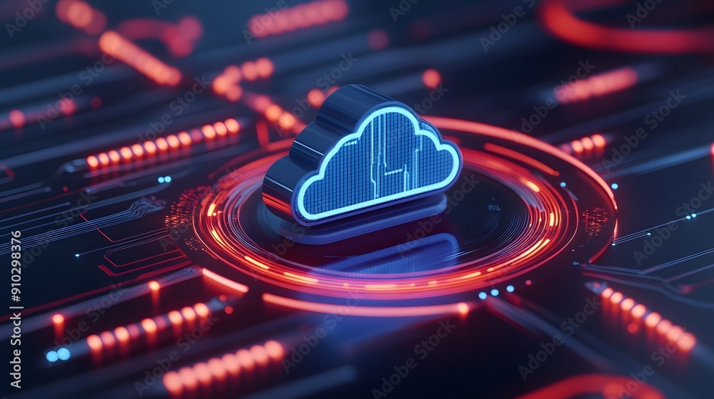 Futuristic cloud computing technology concept with neon elements, showing the integration and architecture of online data storage and servers. Futuristic cloud computing technology concept with neon elements, showing the integration and architecture of online data storage and servers.
