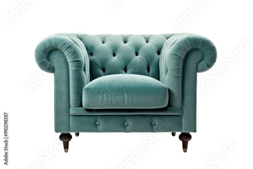 plush, tufted velvet armchair with rolled arms and a deep seat, isolated on a white background photo