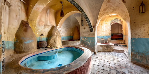 Wallpaper Mural A blue tiled pool in a Moroccan bathhouse with yellow and blue walls, evoking a sense of tranquility and history, perfect for travel and spa concepts. 
 Torontodigital.ca