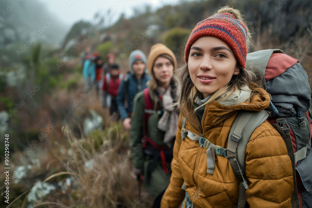 Adventurous hikers trekking in nature. Travelers exploring misty mountains, perfect for adventure, travel, and outdoor lifestyle concepts. Ideal for travel blogs, magazines, and marketing campaigns Adventurous hikers trekking in nature. Travelers exploring misty mountains, perfect for adventure, travel, and outdoor lifestyle concepts. Ideal for travel blogs, magazines, and marketing campaigns