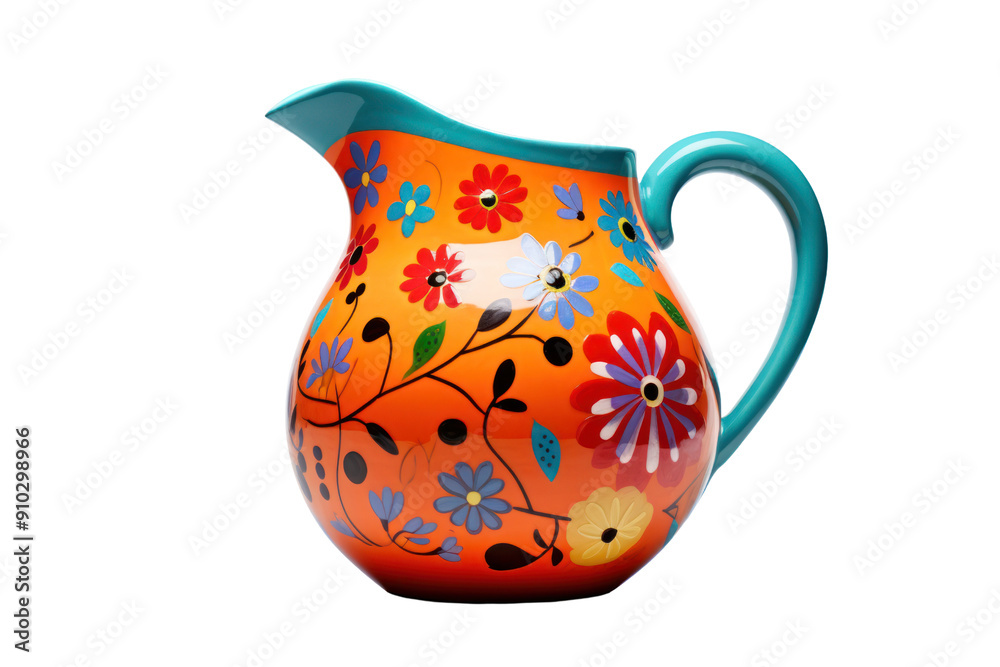 playful, colorful ceramic pitcher with whimsical patterns and a cheerful design, isolated on a white background. playful, colorful ceramic pitcher with whimsical patterns and a cheerful design, isolated on a white background.