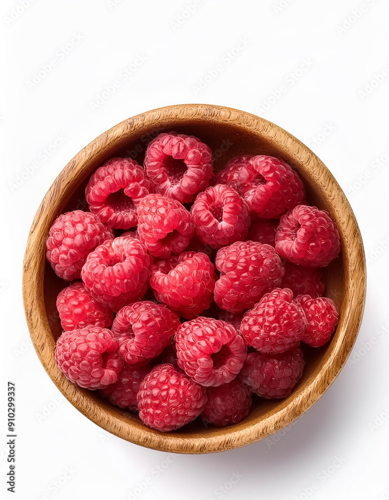 fresh raspberry slice in wooden bowl isolated on white background