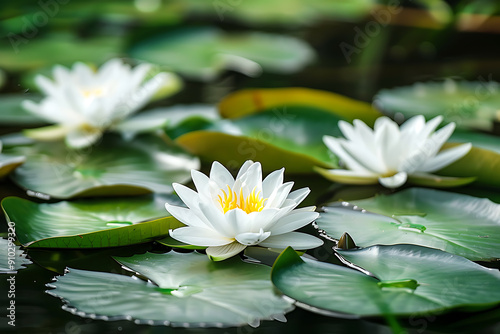 White water lilies, green leaves, and yellow centers, a serene pond, evoking peace and tranquility, perfect for spa or nature themes. 