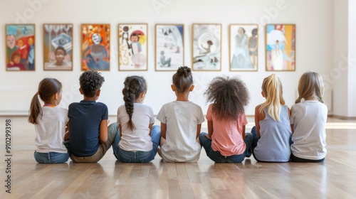children's back Various groups of people sit on the floor in a modern art gallery and discuss paintings, illustrations, wallpapers.