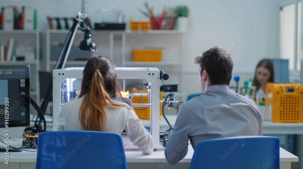 Obraz premium Behind the scenes, a team of skilled engineers sit at tables and perform quality checks on 3D printed prototypes inside a modern laboratory.