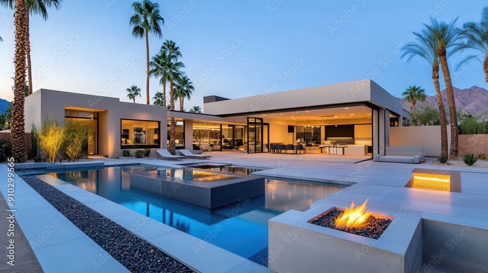 Fototapeta premium A modern minimalist patio home with a pool and neutral color palette, palm trees desert living