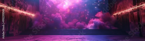 Abandoned dance stage with a shimmering purple spotlight and nebulafilled sky photo